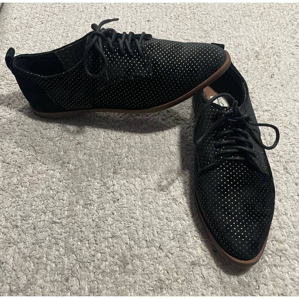 NWOB Ellen Degeneres ED Womens 7.5 Shoes Kerrin Polka Dot Oxford Black Faux Sued